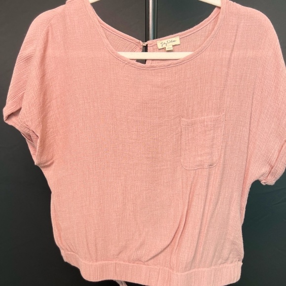 Lily White Short Sleeve Blouse Gauzy Pink Mauve Blush Twist Front Size Large - Picture 8 of 10